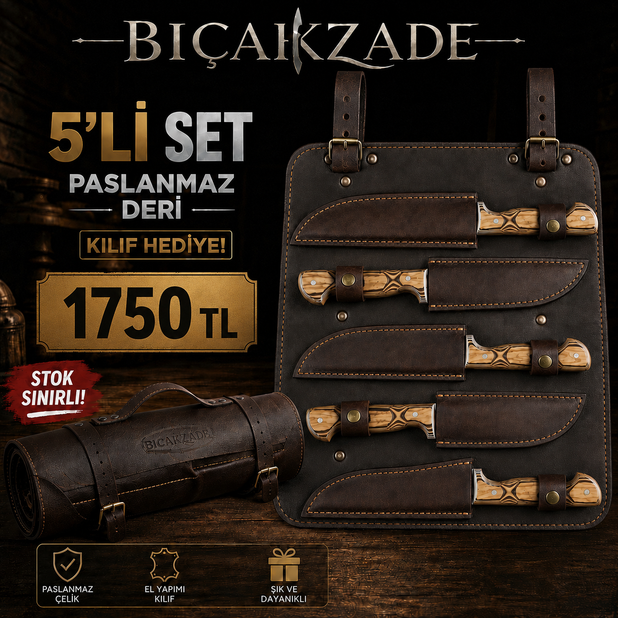 5 Li Bıçak Seti + Deri Çanta